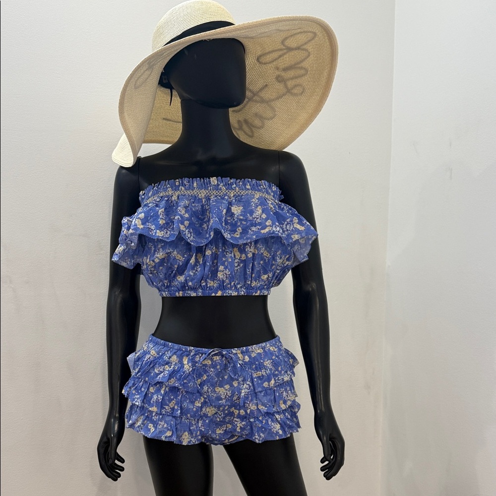 LoveShackFancy Blue Floral Ruffle Set Shorts & Top Size S NEW